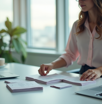 Jeune femme professionnelle arrangeant des flyers dans un bureau moderne