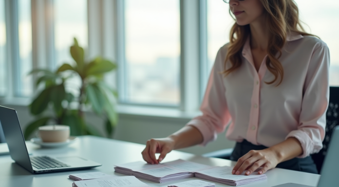 Jeune femme professionnelle arrangeant des flyers dans un bureau moderne