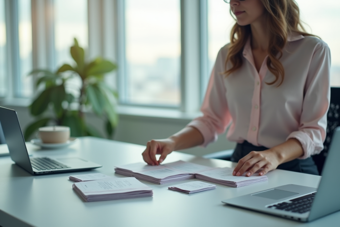 jeune-femme-bureau-flyers Jeune femme professionnelle arrangeant des flyers dans un bureau moderne