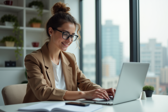 Jeune femme confiante travaillant sur son ordinateur dans un bureau lumineux