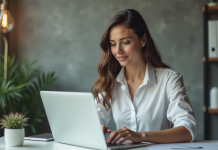 Femme d'affaires jeune femme au bureau en train d'écrire un email