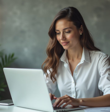 Femme d'affaires jeune femme au bureau en train d'écrire un email