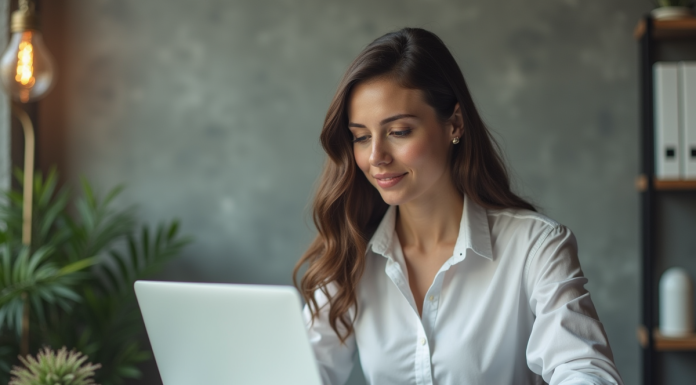 Femme d'affaires jeune femme au bureau en train d'écrire un email