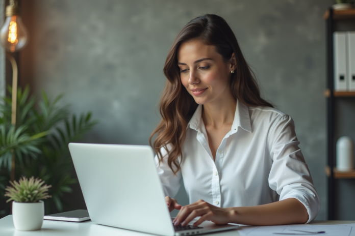 jeune-femme-bureau-professionnelle Femme d'affaires jeune femme au bureau en train d'écrire un email