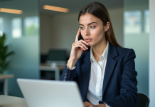 Jeune femme en bureau regardant un rapport salarial