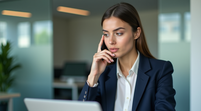 Jeune femme en bureau regardant un rapport salarial