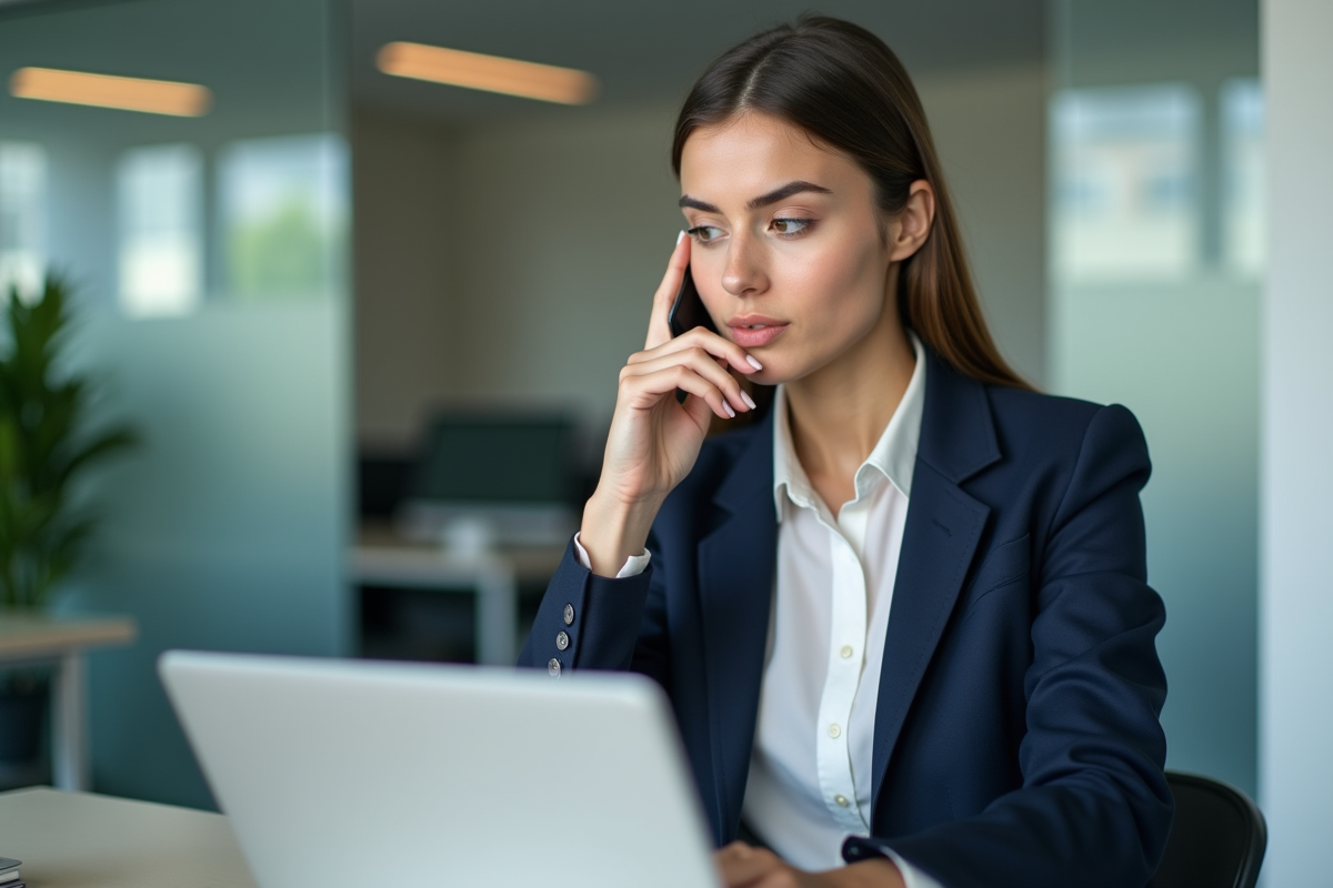 Jeune femme en bureau regardant un rapport salarial