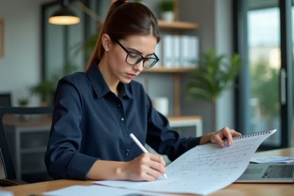 Jeune femme concentr&eacute;e &agrave; &eacute;tudier un calendrier au bureau