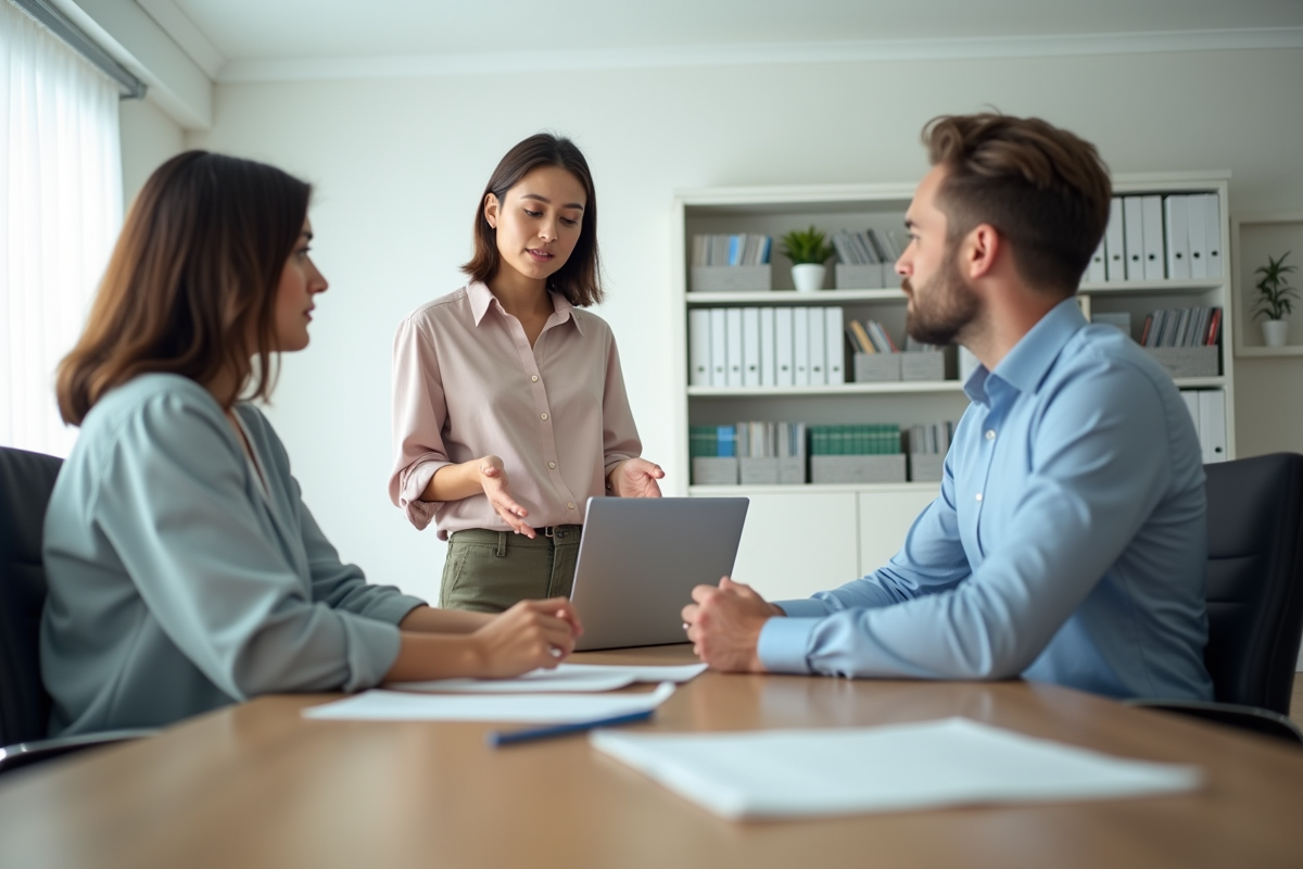 Jeune femme en réunion discute avec collègues autour d