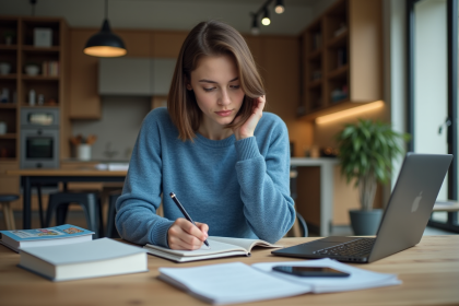 Jeune femme étudiante concentrée à la maison