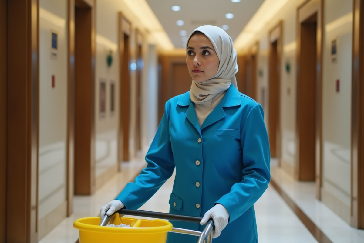 Jeune femme de nettoyage avec chapeau dans un couloir de Dubaï