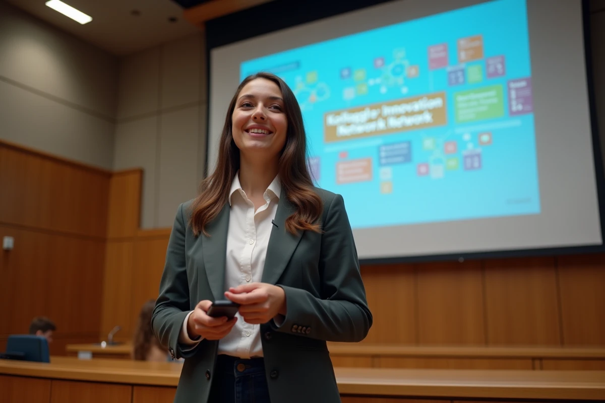 Jeune femme en pr&eacute;sentation devant un &eacute;cran avec logo
