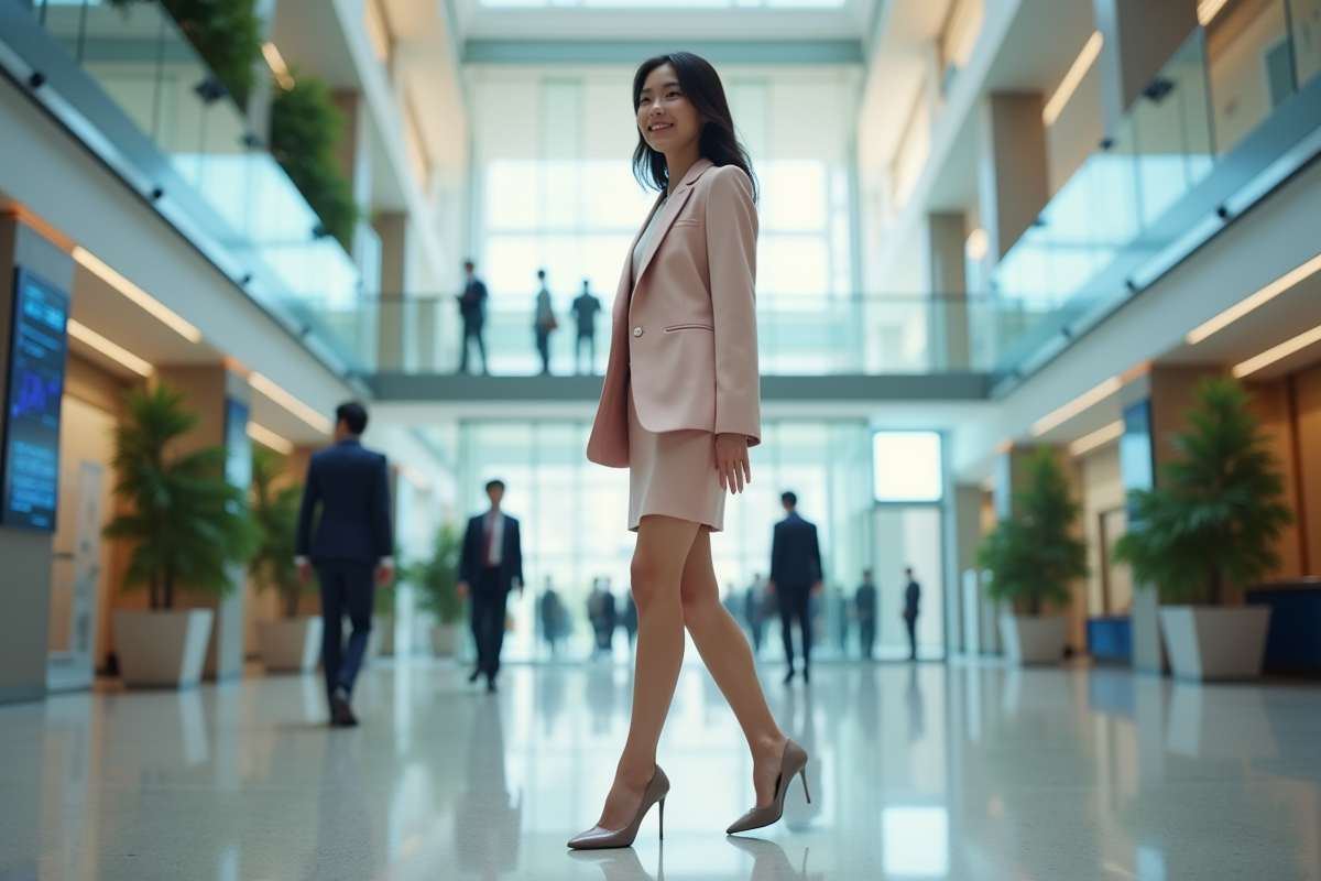Jeune femme japonaise en costume pastel dans un hall d