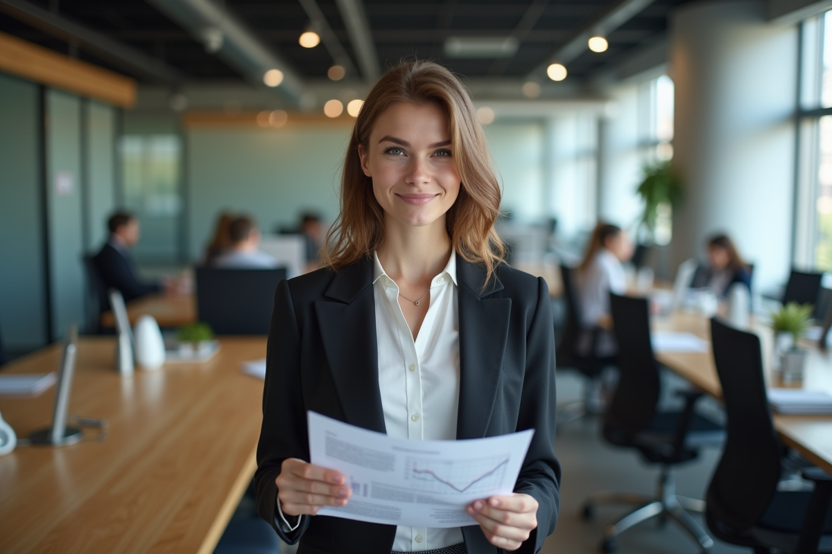 Jeune femme trader en coworking avec rapports financiers