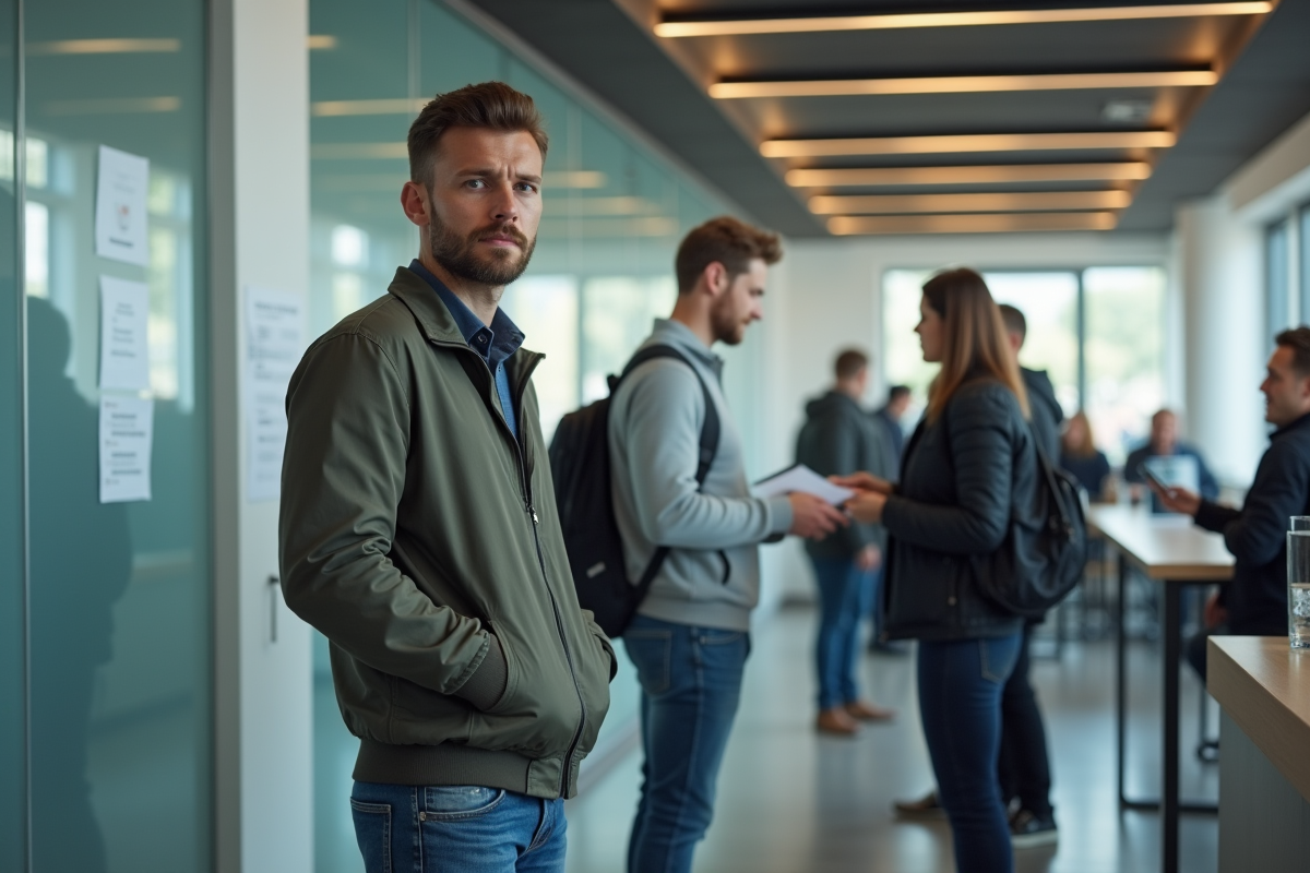 Jeune homme en ligne dans une agence d