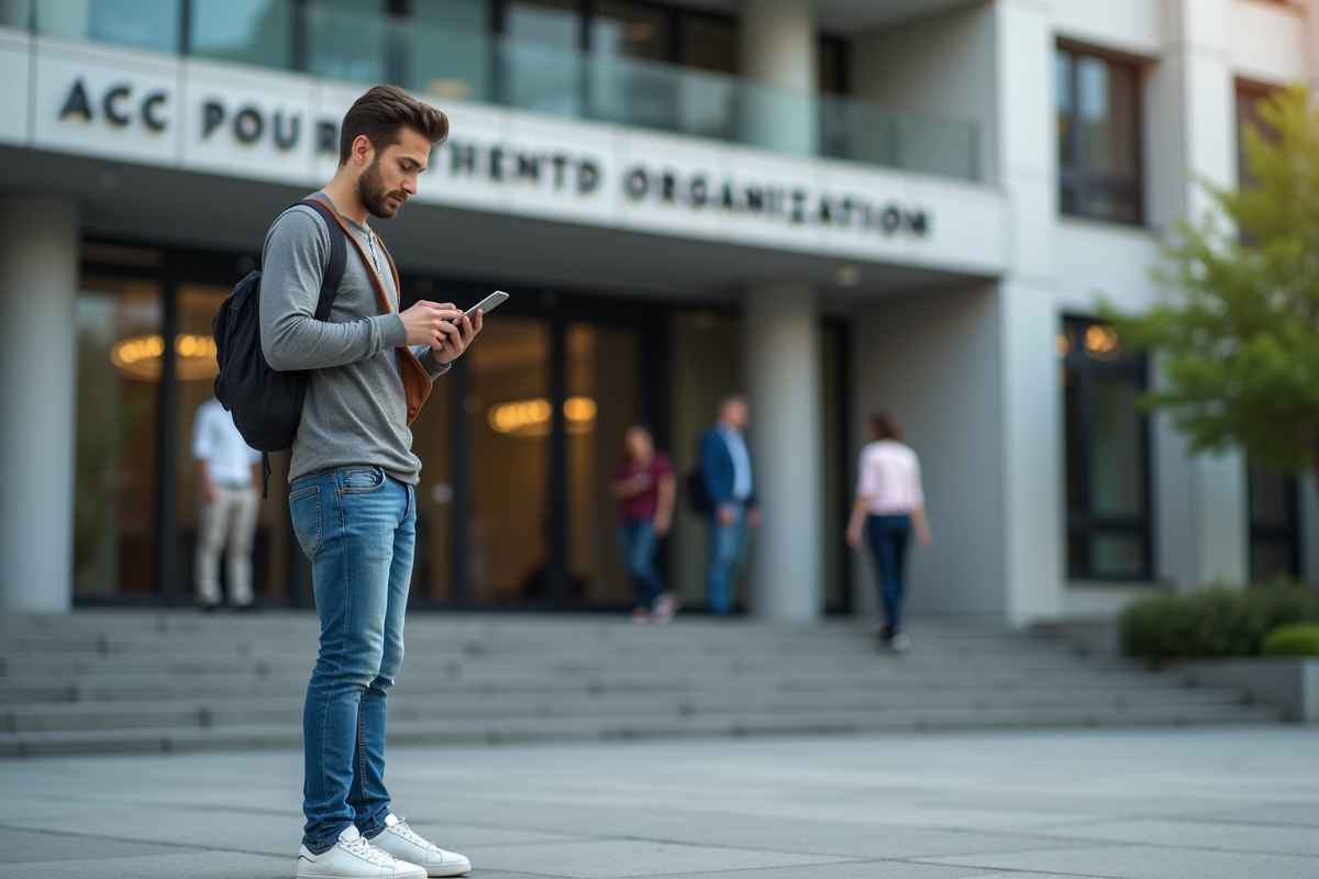 Jeune homme vérifie des informations devant un bâtiment officiel