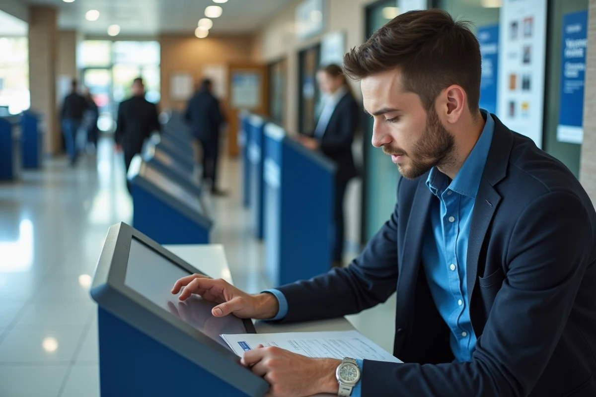 Jeune homme utilisant un kiosque d