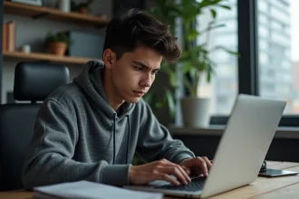 Jeune homme concentré travaillant sur un ordinateur portable dans un bureau moderne