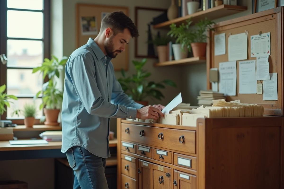 Jeune homme classant des lettres dans un bureau organisé