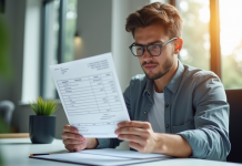 Jeune professionnel analysant une fiche de paie au bureau
