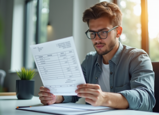 De quoi se compose un salaire de 1900 euros brut ? Jeune professionnel analysant une fiche de paie au bureau