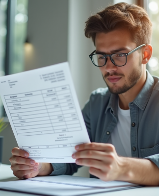 Jeune professionnel analysant une fiche de paie au bureau