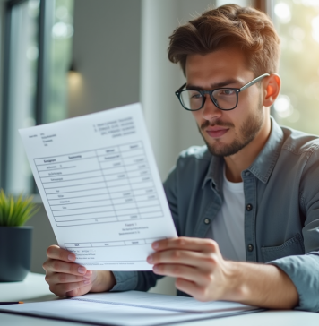 Jeune professionnel analysant une fiche de paie au bureau
