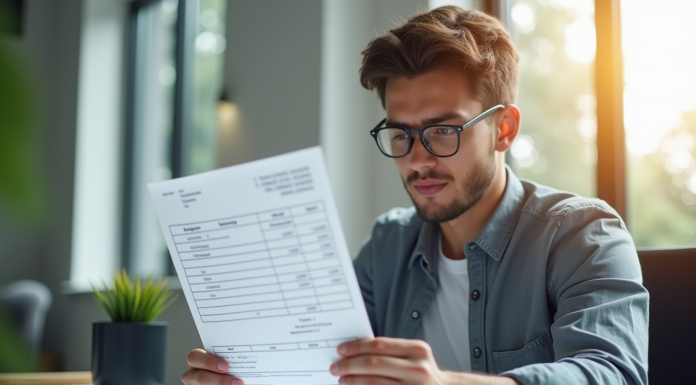 Jeune professionnel analysant une fiche de paie au bureau