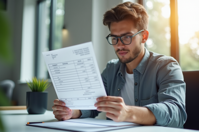 Jeune professionnel analysant une fiche de paie au bureau
