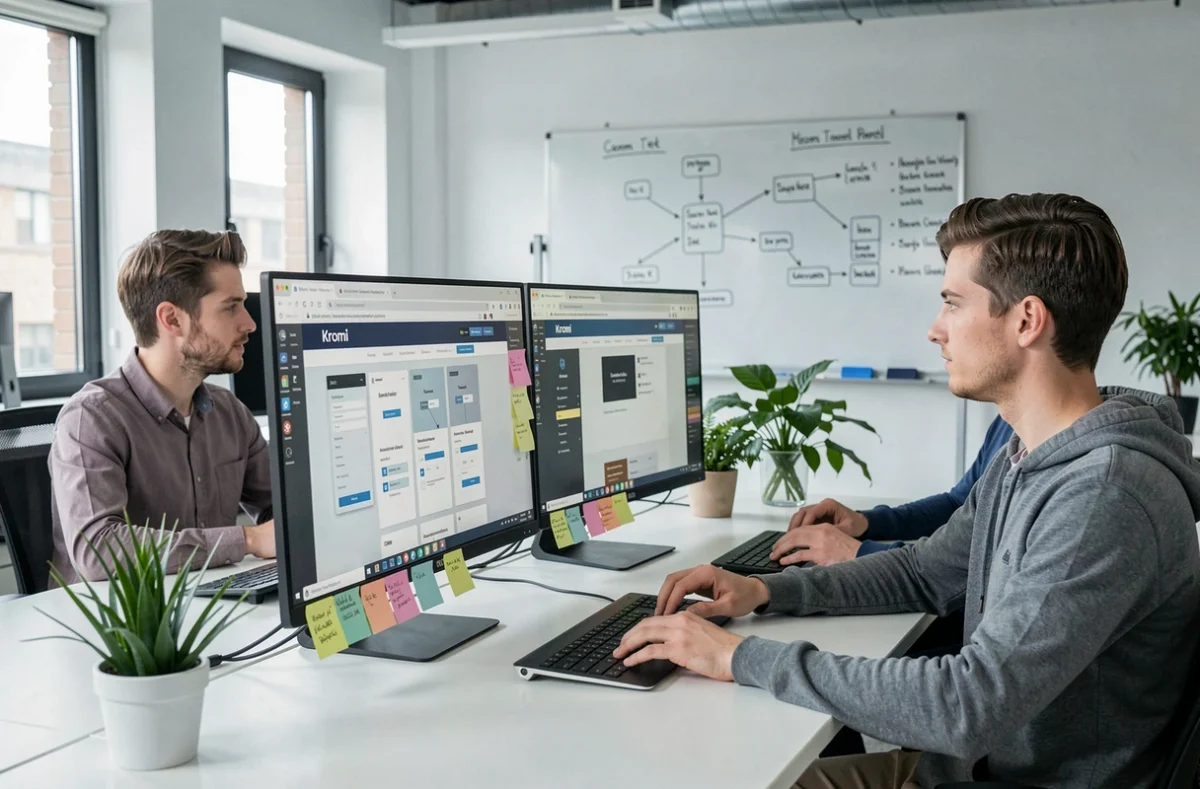Développeurs de l'agence Kromi travaillant sur des maquettes UX et des interfaces web sur double écran dans un open space moderne