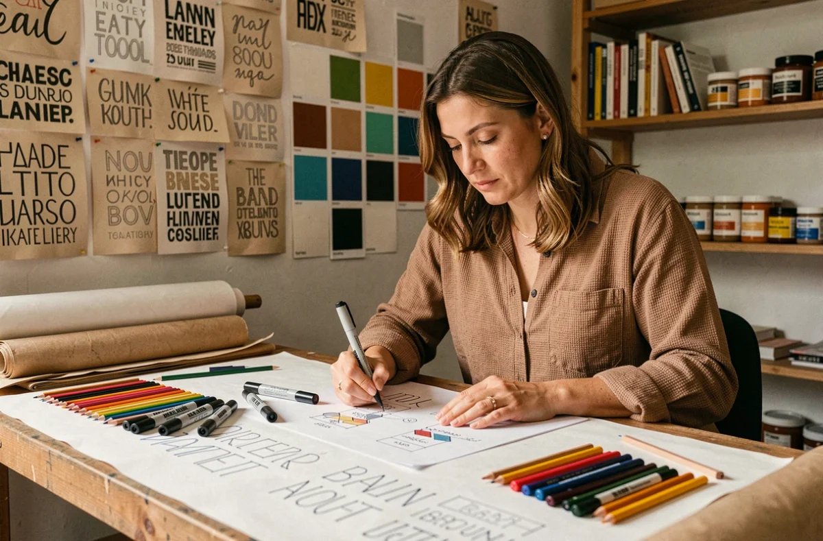 Directrice artistique de LATELIER esquissant des concepts de branding à la main sur une table de travail entourée de typographies murales et d'outils créatifs