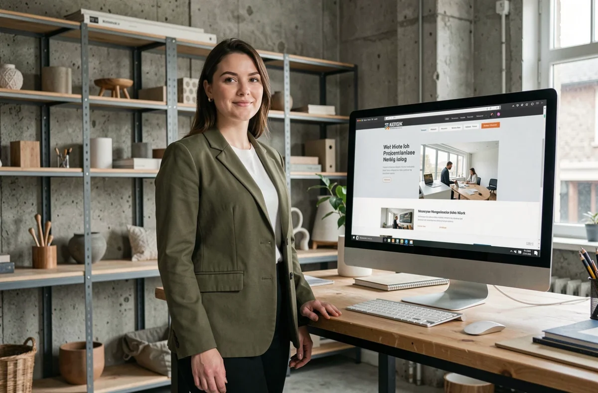 Chef de projet web de l'agence LATELIER à Niort présentant une maquette de site dans un espace studio moderne