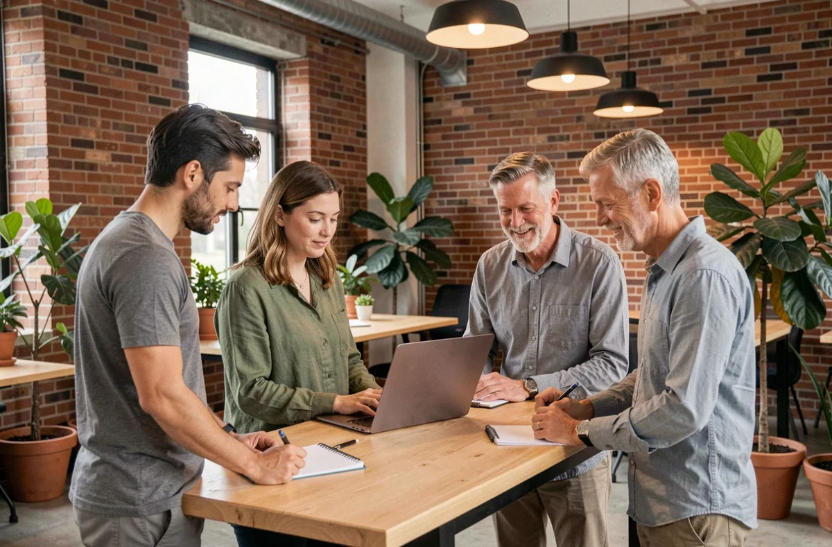 Une professionnelle introvertie présentant ses idées avec assurance à un petit groupe dans un espace de coworking, démontrant qu'un leadership efficace dépasse l'extraversion