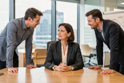 Une dirigeante introvertie écoutant attentivement son équipe lors d'une réunion stratégique en open space, incarnant un leadership calme et assertif
