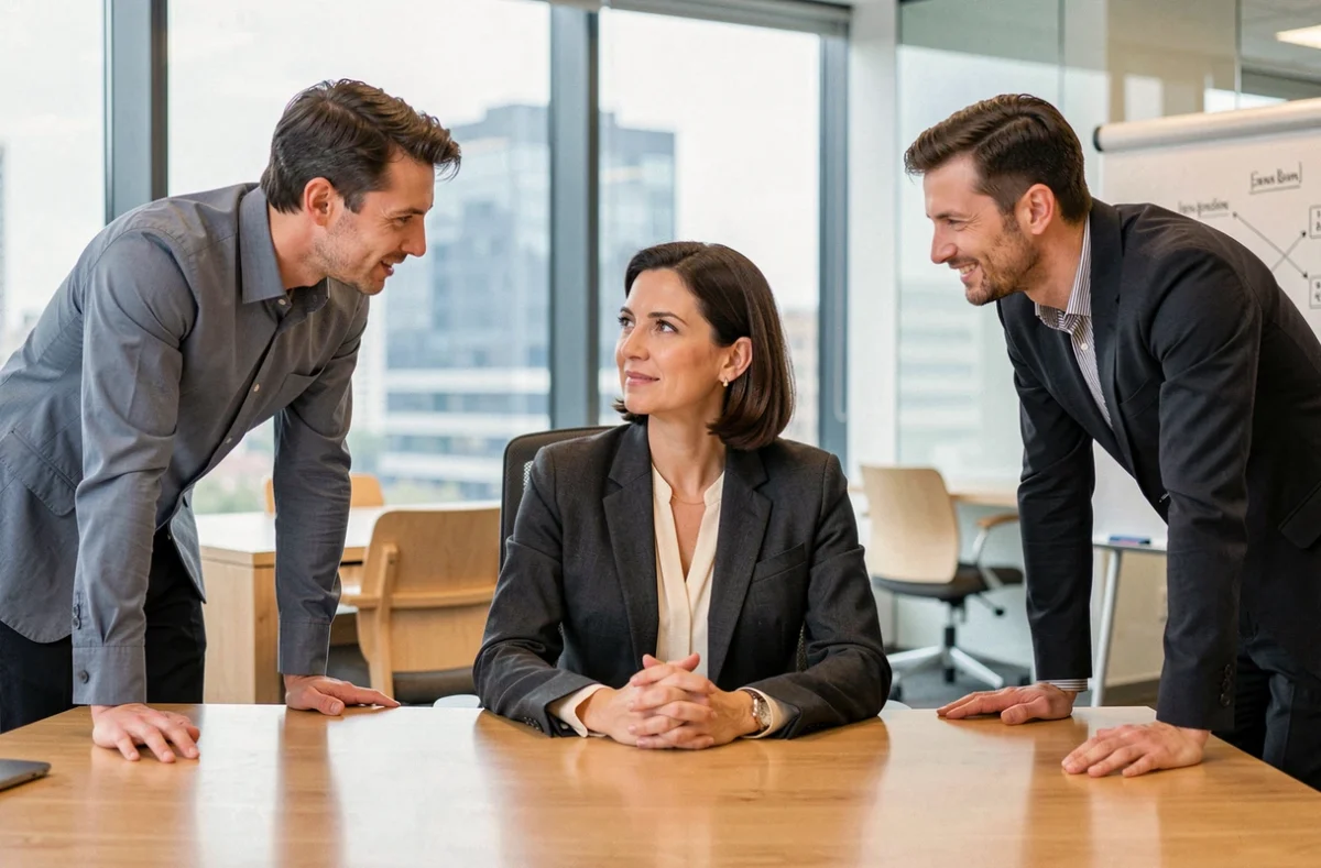 Une dirigeante introvertie écoutant attentivement son équipe lors d'une réunion stratégique en open space, incarnant un leadership calme et assertif