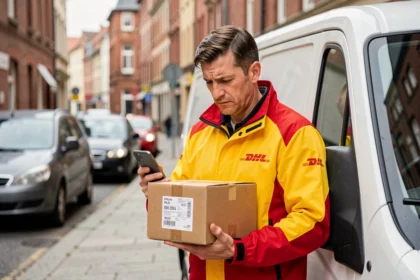 Livreur DHL en uniforme tenant un colis devant un camion de livraison, consultant son téléphone avec une expression préoccupée