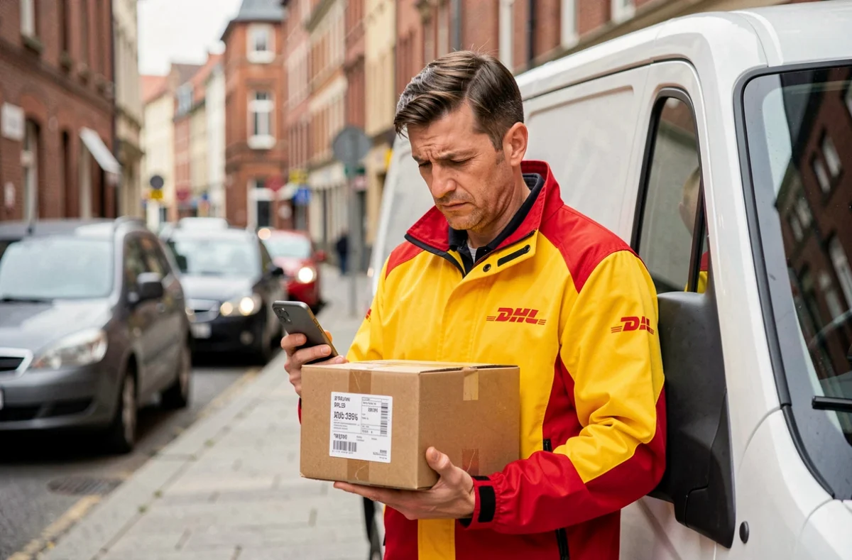 Livreur DHL en uniforme tenant un colis devant un camion de livraison, consultant son téléphone avec une expression préoccupée