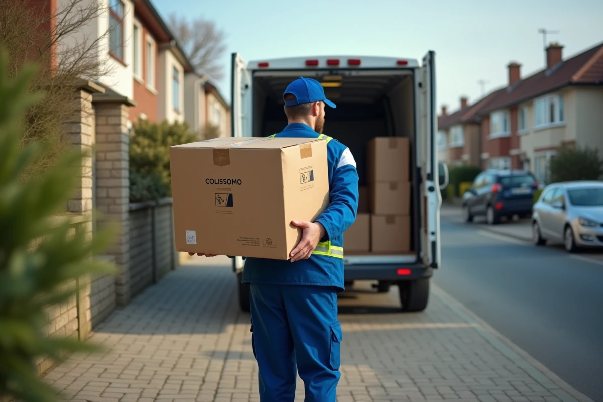 Livreur soulevant un colis dans une rue r&eacute;sidentielle