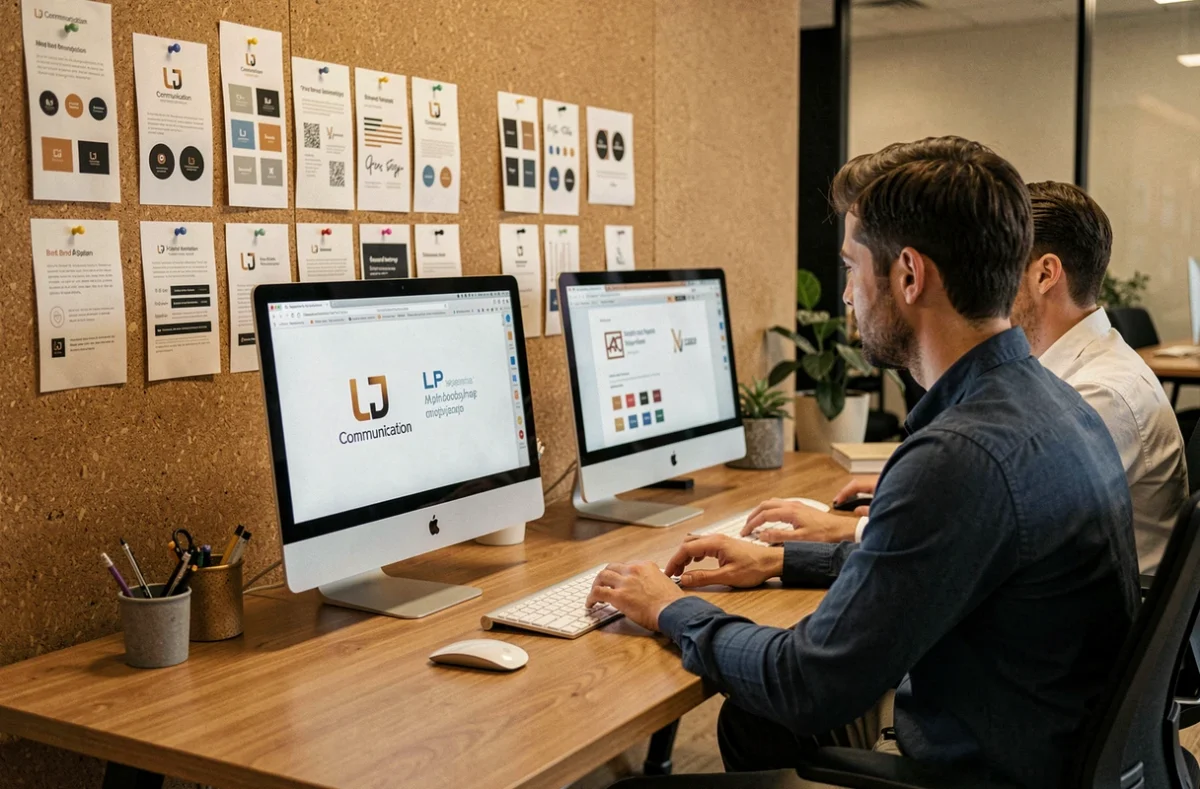 Designers de LJ Communication travaillant sur des identités visuelles et logos sur des écrans iMac dans un studio de branding moderne