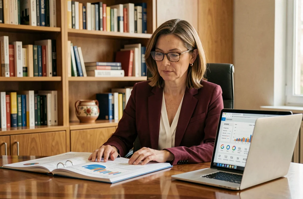 Directrice marketing digital de l'agence M Com à Marseille consultant un rapport stratégique et des statistiques Google Ads
