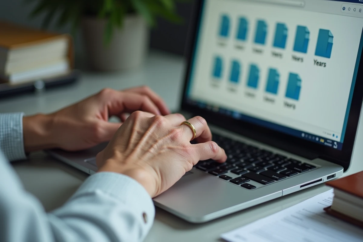 Mains de senior archivant des bulletins de paie numériques sur une application en ligne pour la retraite