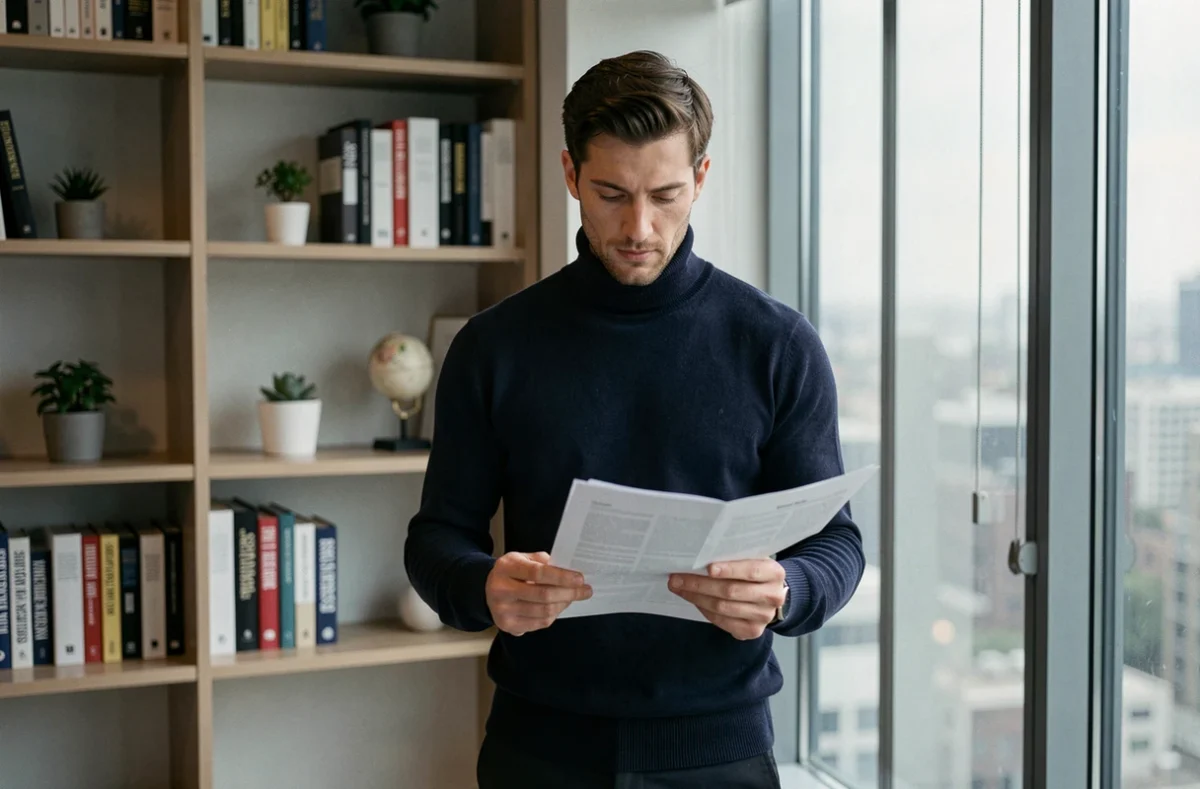 Un manager introverti en réflexion solitaire dans son bureau minimaliste, illustrant le leadership par la pensée stratégique et la concentration