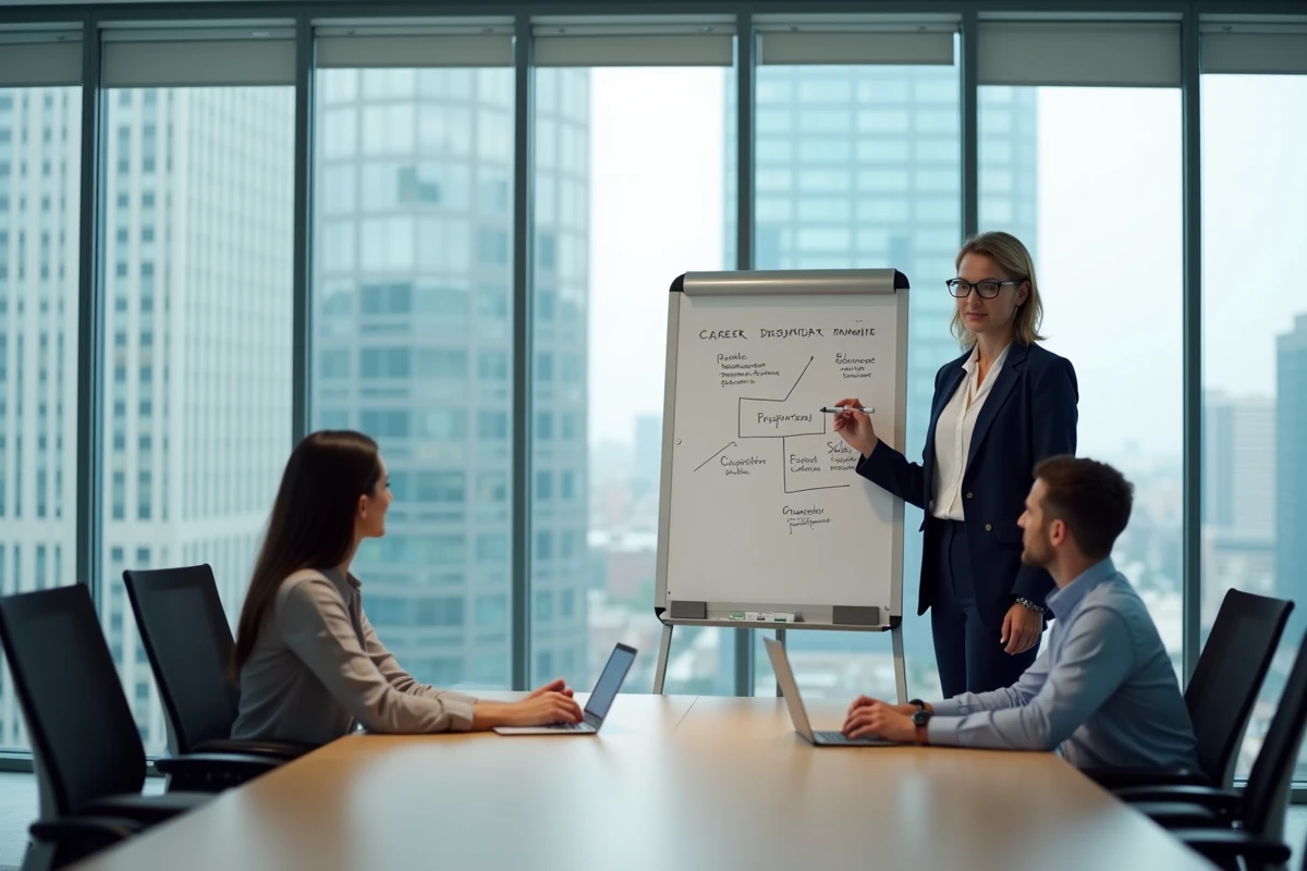 Manager présentant un plan de développement de carrière à son équipe technique, abordant la problématique de la promotion interne et de la loi de Peters