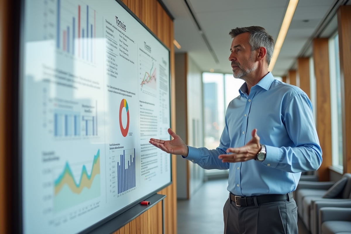 Manager expliquant stratégie bonus devant tableau blanc