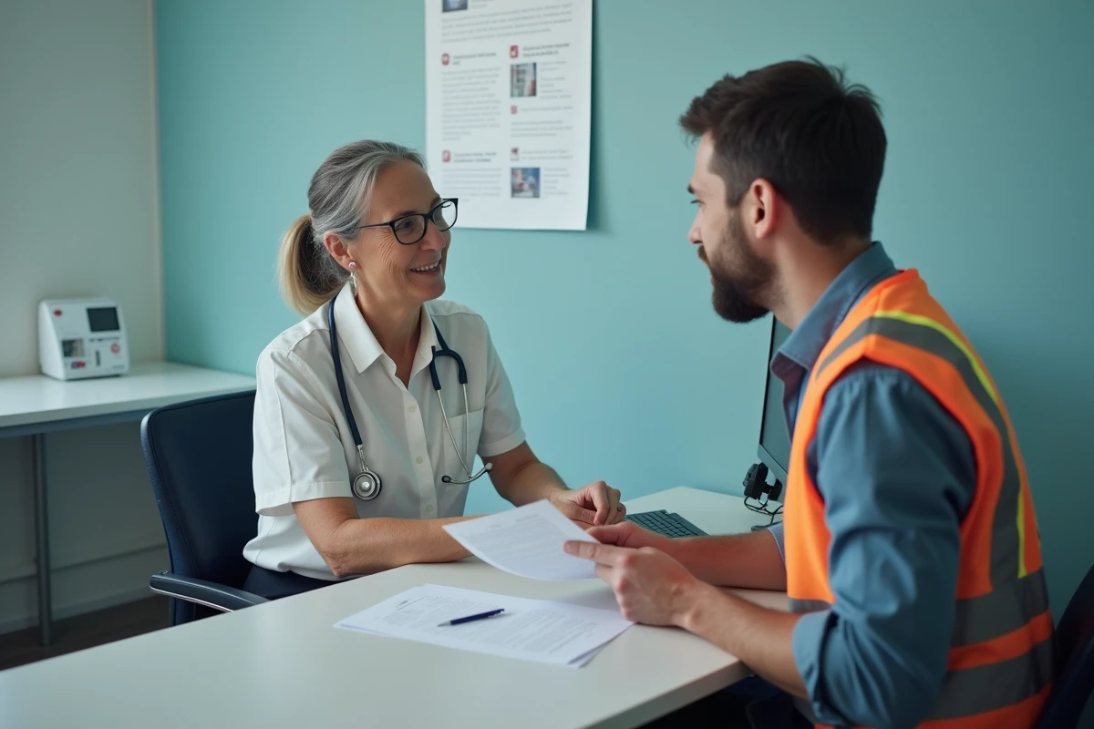 Infirmière du travail en consultation de soutien avec un salarié portant un gilet de sécurité, dans le cadre d'une démarche de prévention de l'alcool en entreprise