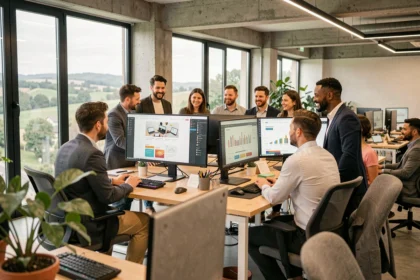 Équipe d'une agence web dans le Puy-de-Dôme travaillant sur des projets digitaux dans un bureau moderne