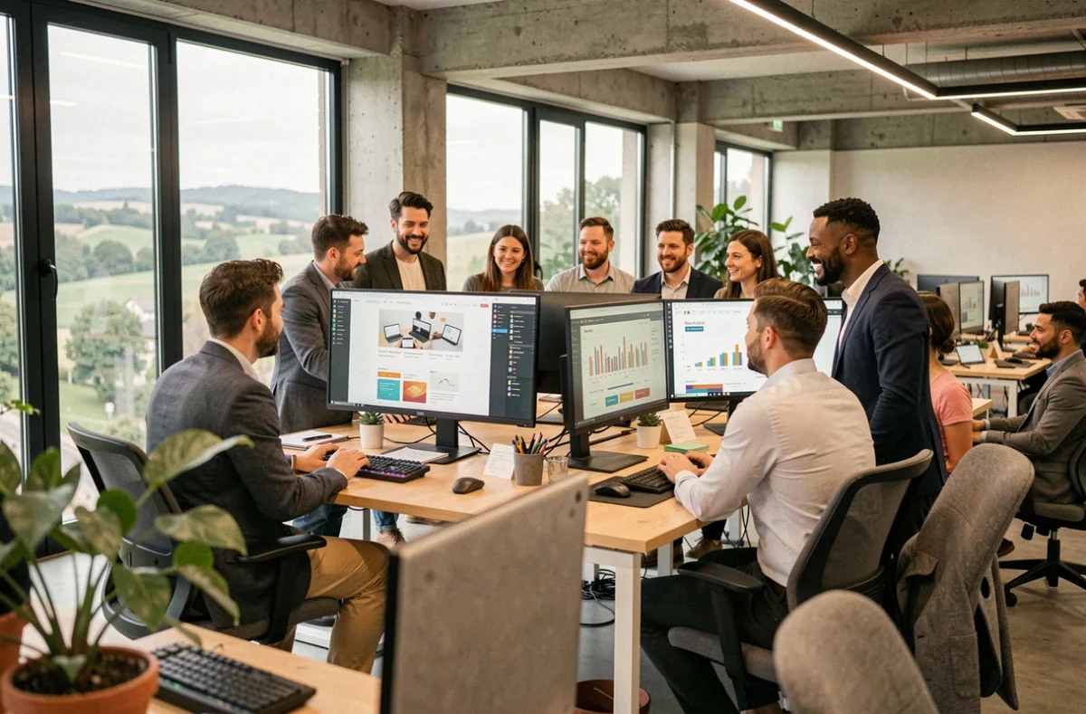 Équipe d'une agence web dans le Puy-de-Dôme travaillant sur des projets digitaux dans un bureau moderne