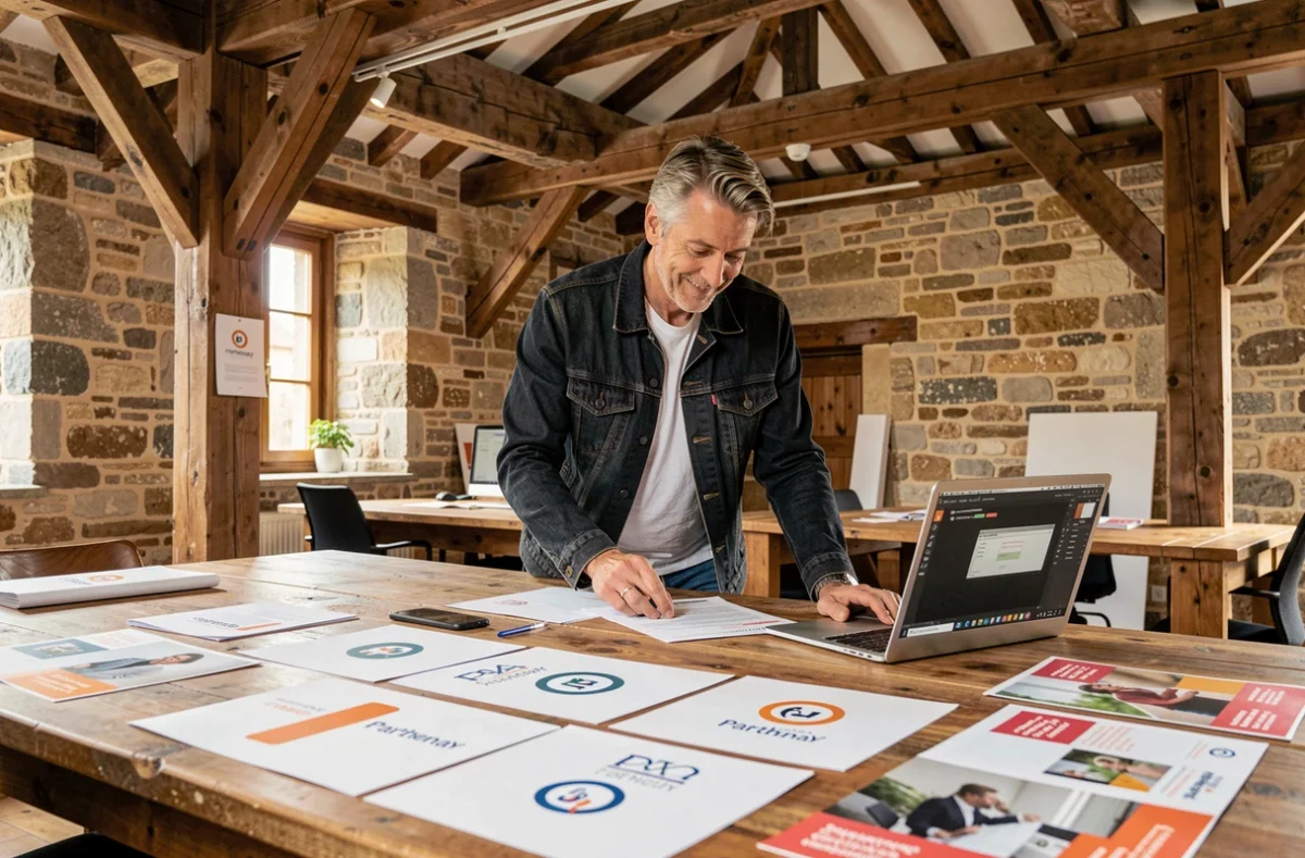Directeur créatif de l'agence MUSIC à Parthenay examinant des supports de communication imprimés dans un bureau au cadre historique