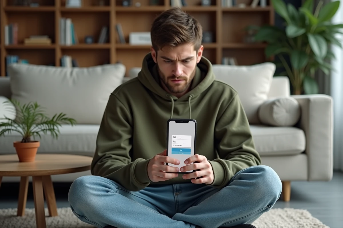 Jeune adulte consultant son espace MyPeopleDoc sur smartphone depuis son salon