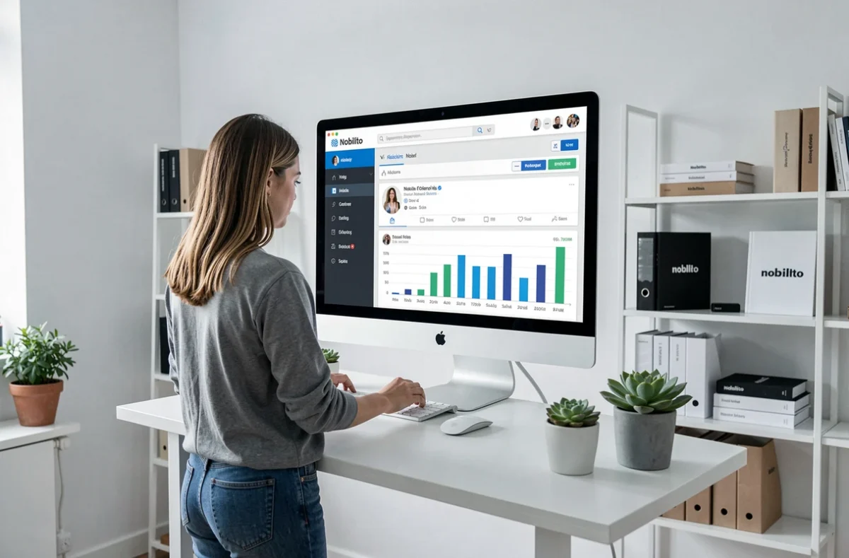 Consultante de l'agence Nobilito analysant des tableaux de bord de campagnes digitales sur un grand écran dans un bureau minimaliste